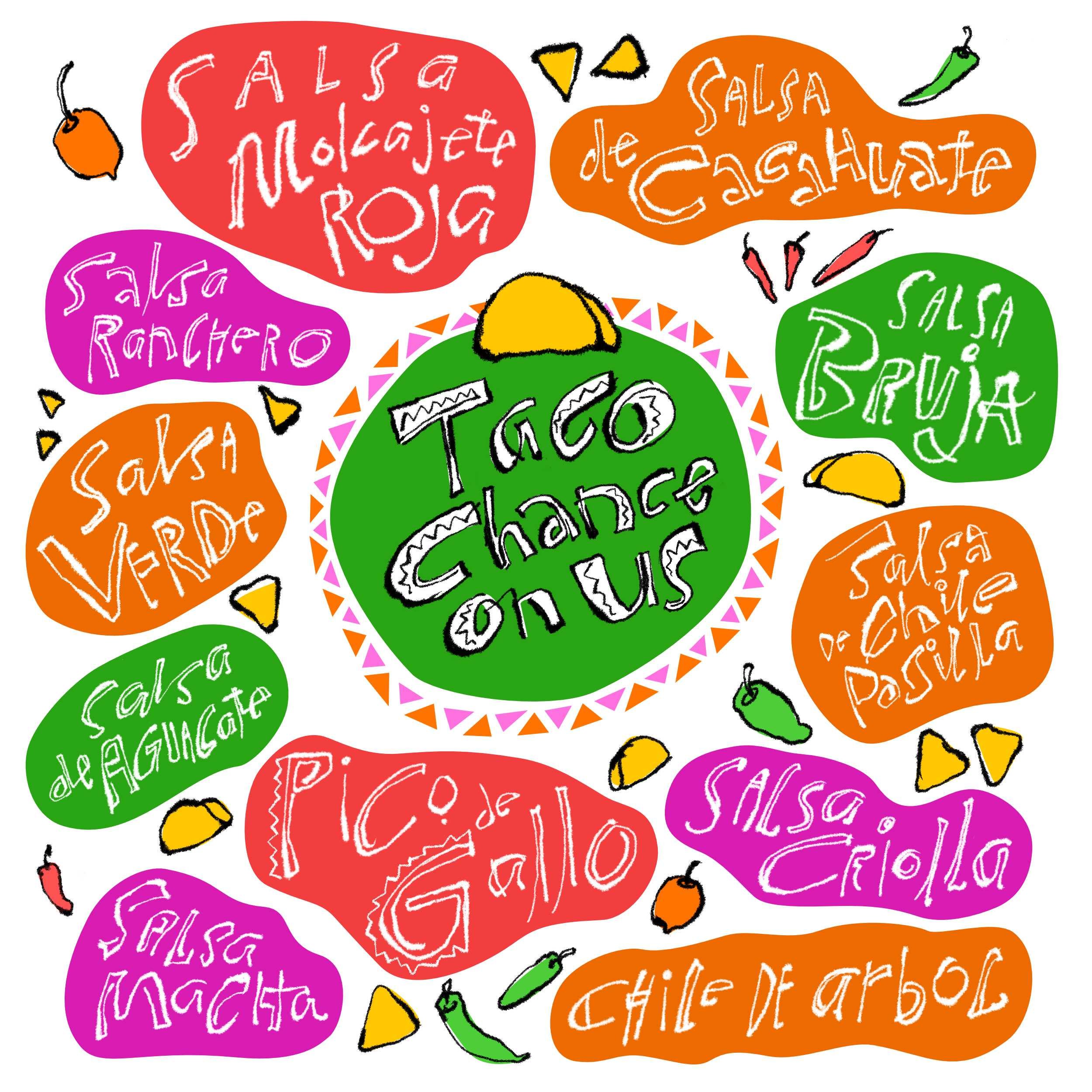 Colorful hand-drawn illustration promoting taco changing on us with various salsa flavors, including salsa rojo, salsa de calabaza, salsa ranchero, salsa verde, salsa de aguacate, pico de gallo, salsa de chile poblano, salsa criolla, and chips with s