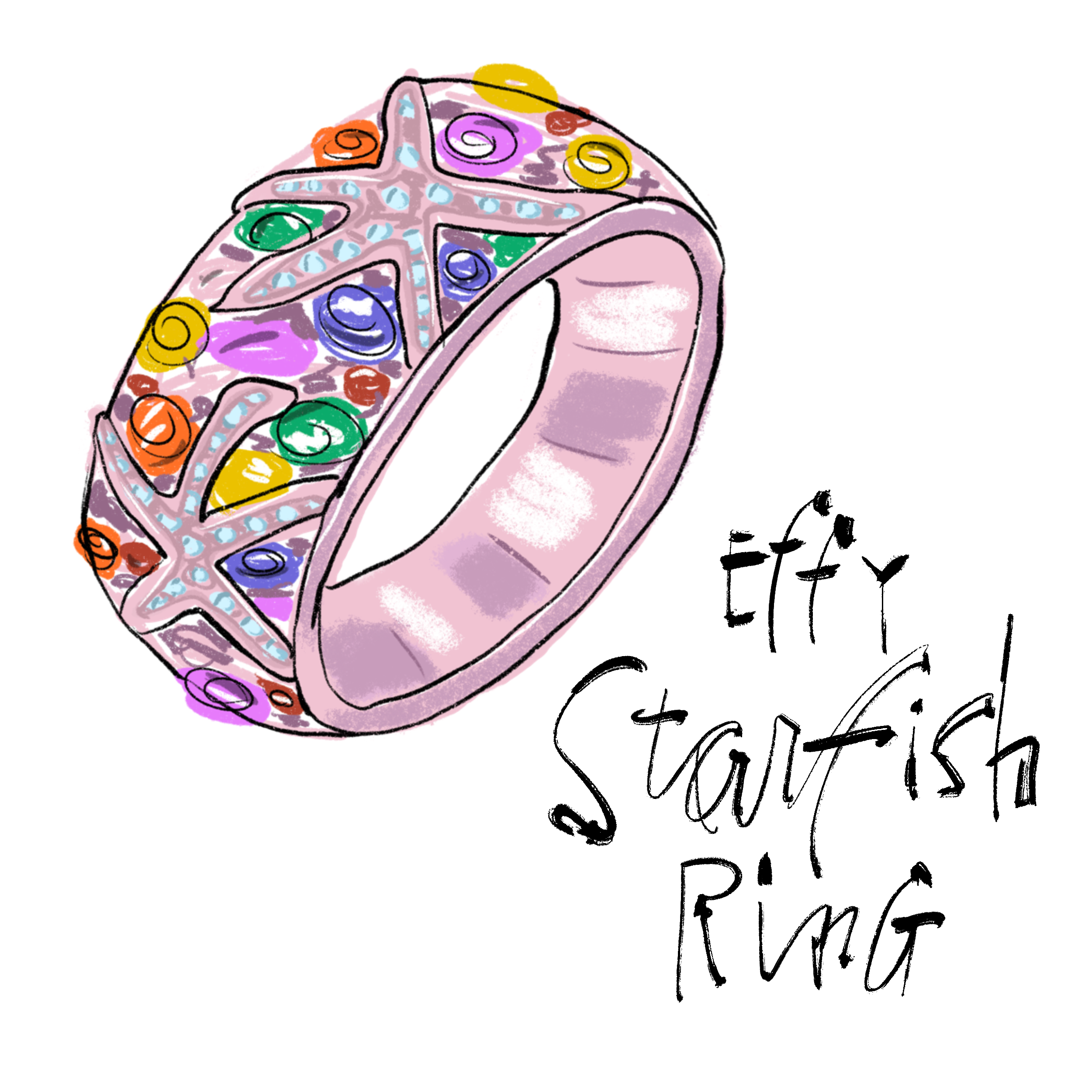 Colorful starfish-themed ring illustration labeled "Effy Starfish Ring."