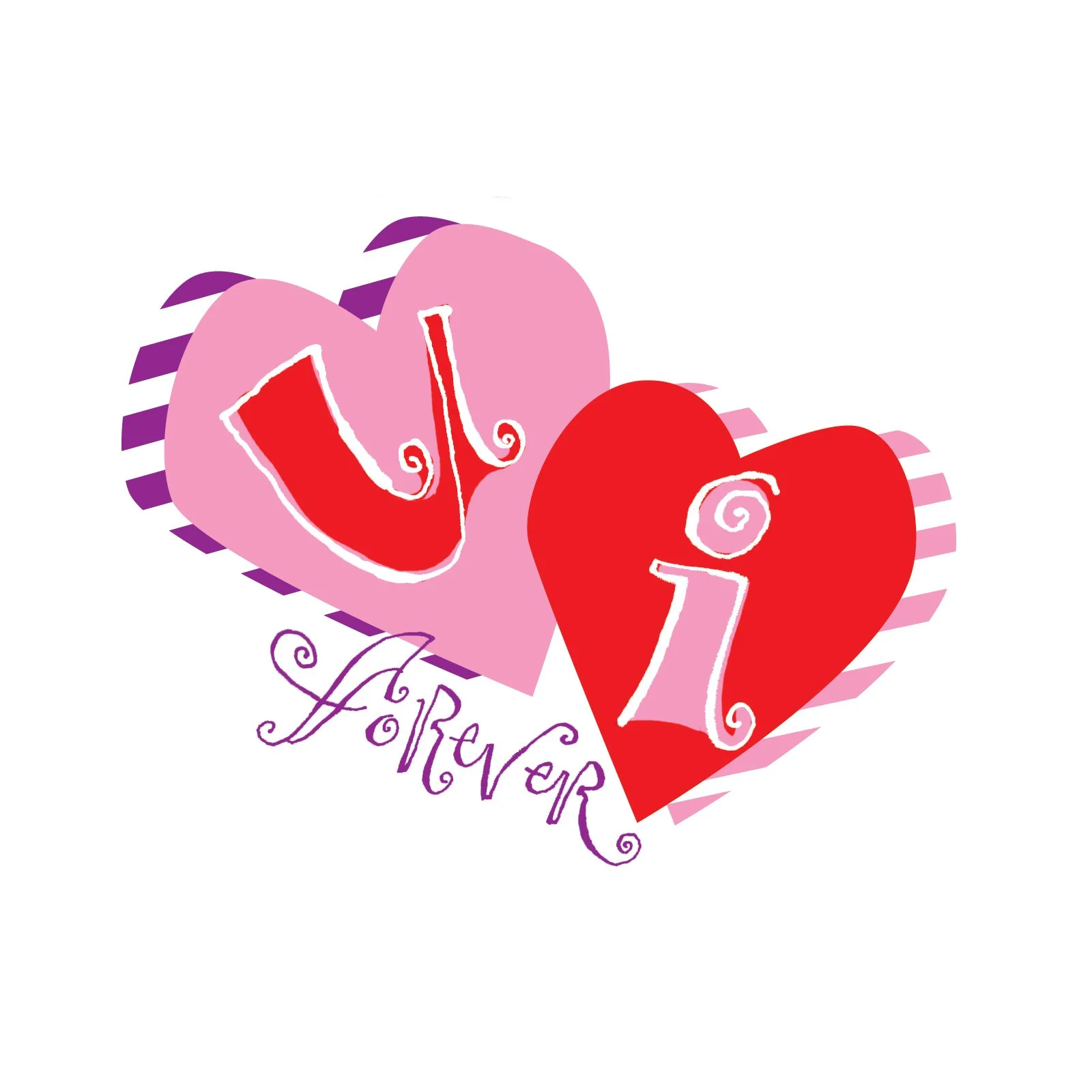 Illustration of two overlapping hearts, one pink and one red, with stylized letters "U" and "I" in red and pink. The word "Forever" is written in cursive below.