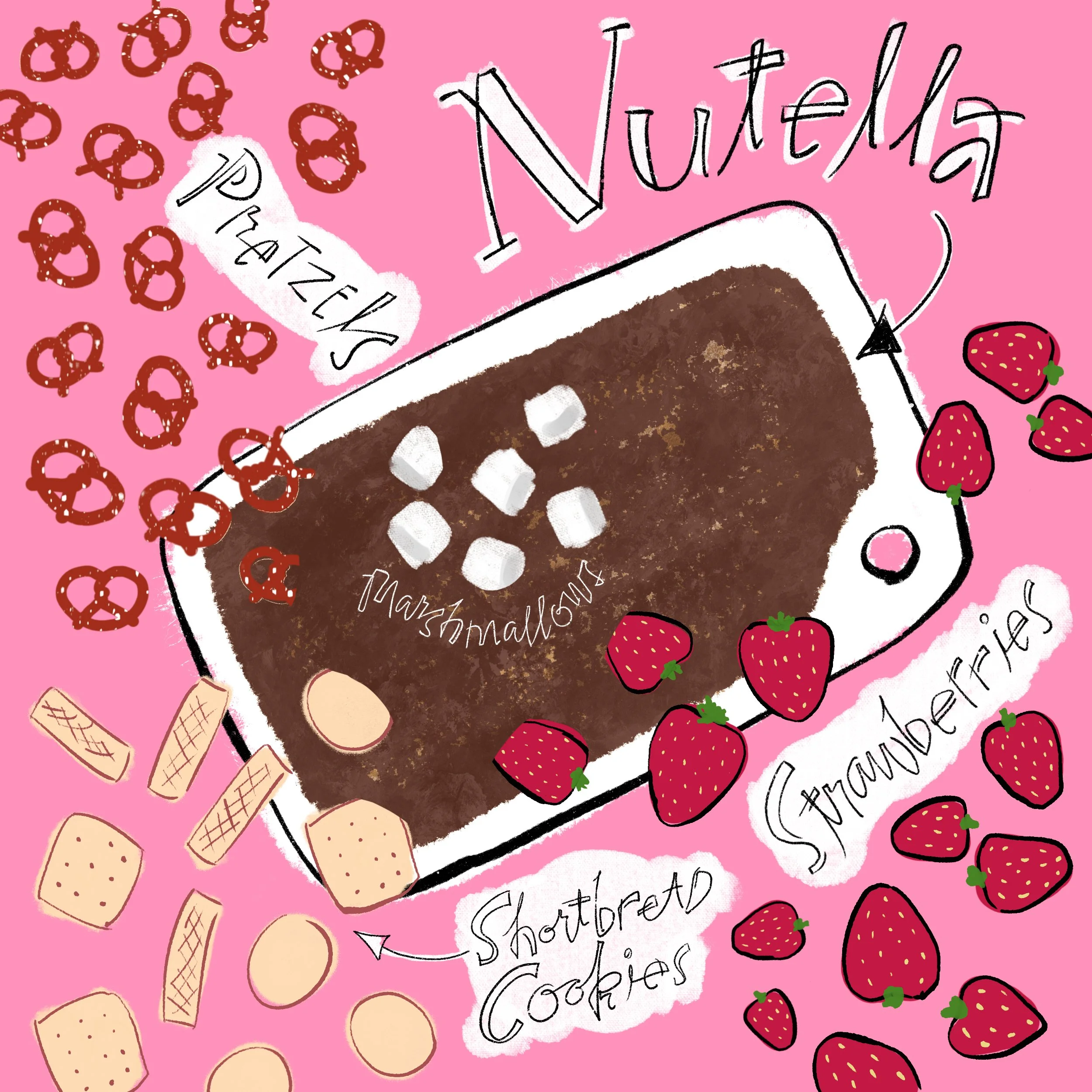 Illustrated pink background with Nutella spread on a cutting board, surrounded by pretzels, marshmallows, strawberries, and shortbread cookies.