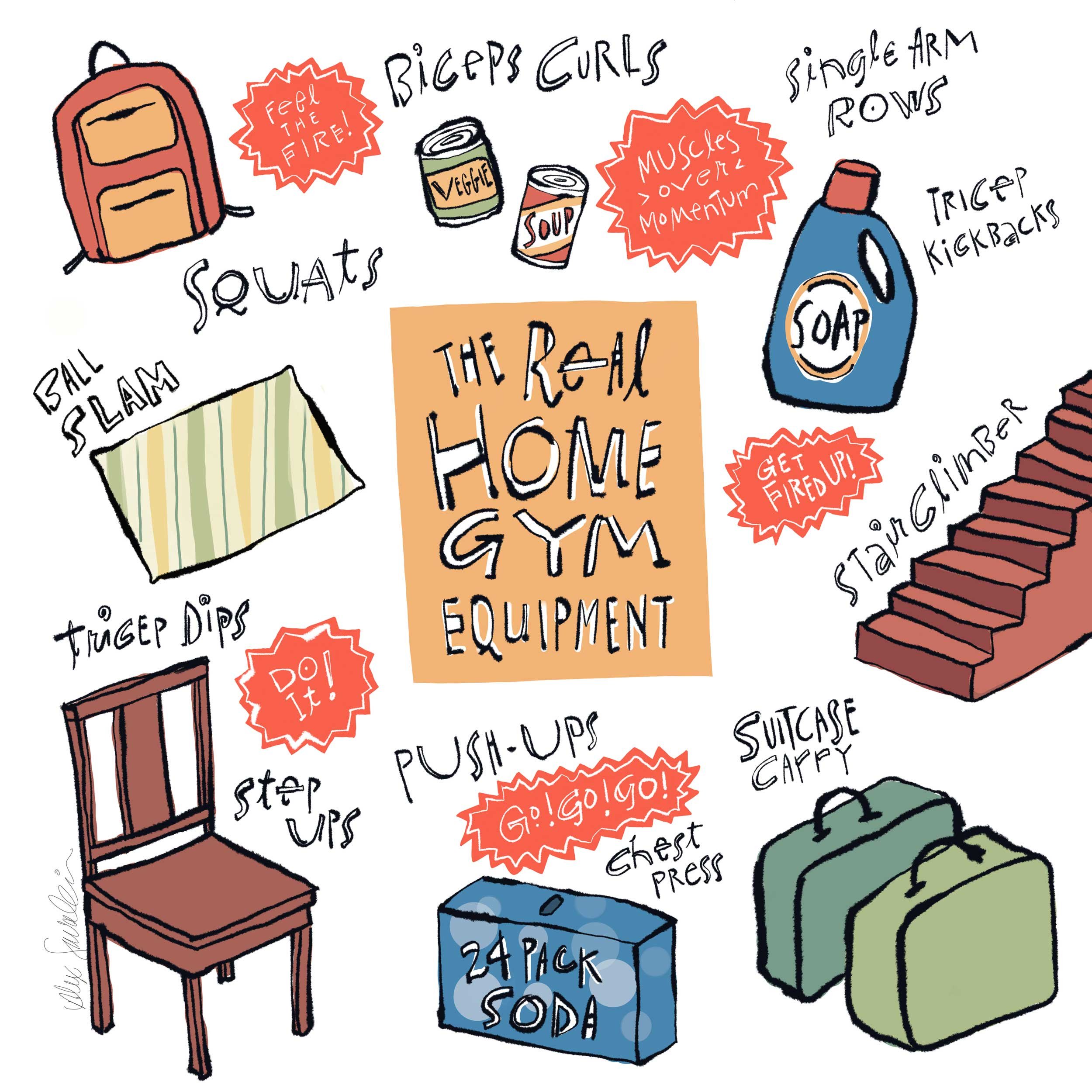 Illustration depicting everyday items as home gym equipment, including a backpack, soup cans, a laundry detergent bottle, a rug, a chair, a case of soda, and suitcases, labeled with exercises like squats, biceps curls, tricep kickbacks, and step-ups.