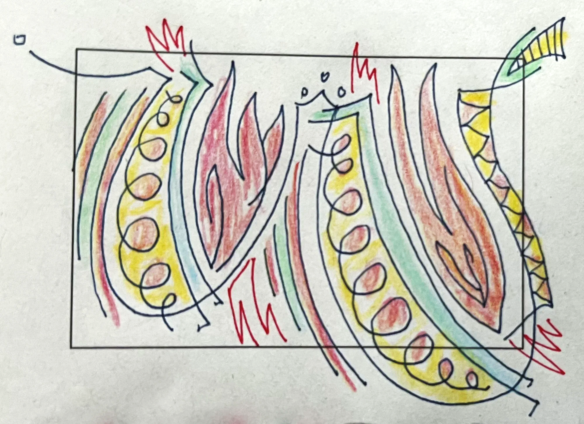 The letter W with flourishes in red, green, and yellow