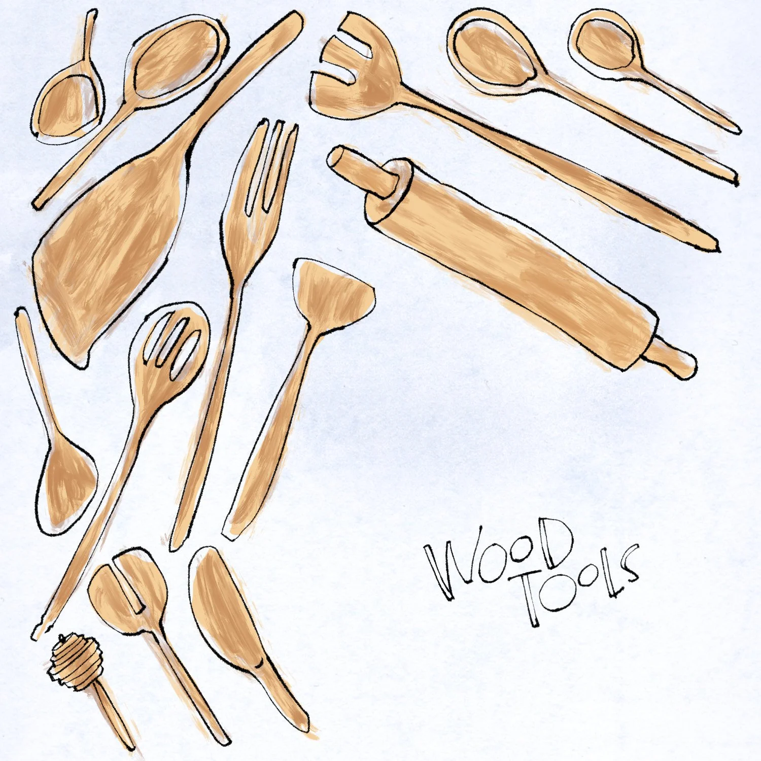 Illustration of wooden kitchen utensils including spoons, spatulas, rolling pin, and serving forks on a light background. Text reads "Wood Tools."