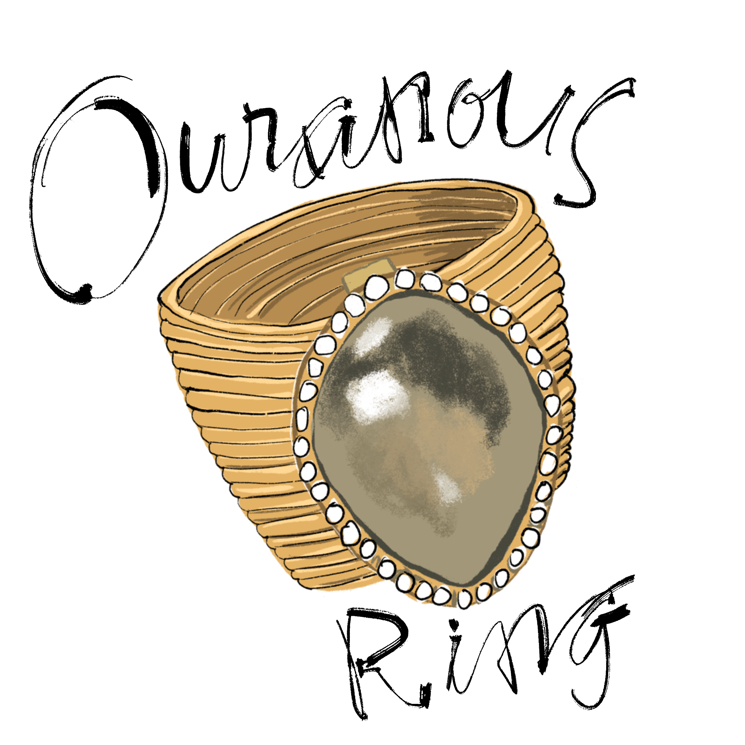 Illustration of a gold ring with a large, oval gemstone surrounded by small white stones, with stylized text "Ouranous Ring."