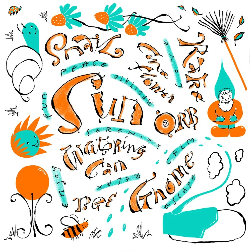 Whimsical garden-themed illustration featuring words and drawings of a snail, rake, gnome, sun, bee, watering can, and flowers. Elements are arranged playfully with a mix of orange and turquoise colors.
