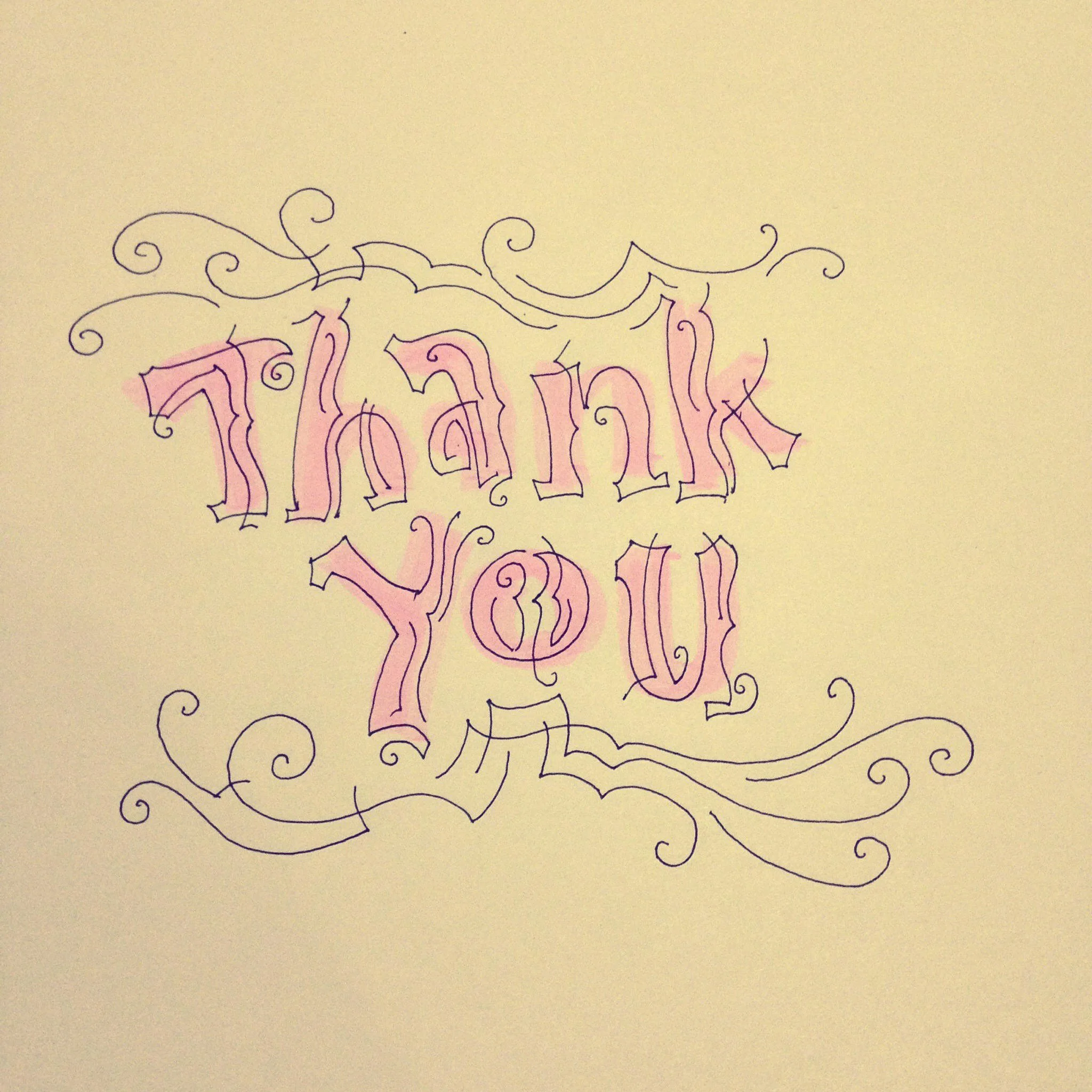 Hand-drawn "Thank You" in decorative script with swirls and pink highlights on a beige background.