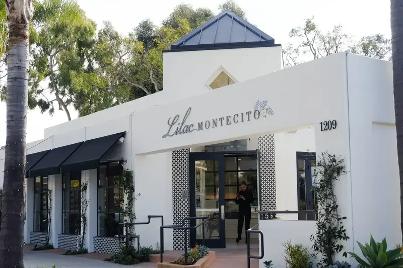 The welcoming exterior of Lilac Montecito, a California-inspired restaurant in the heart of Montecito's Lower Village.