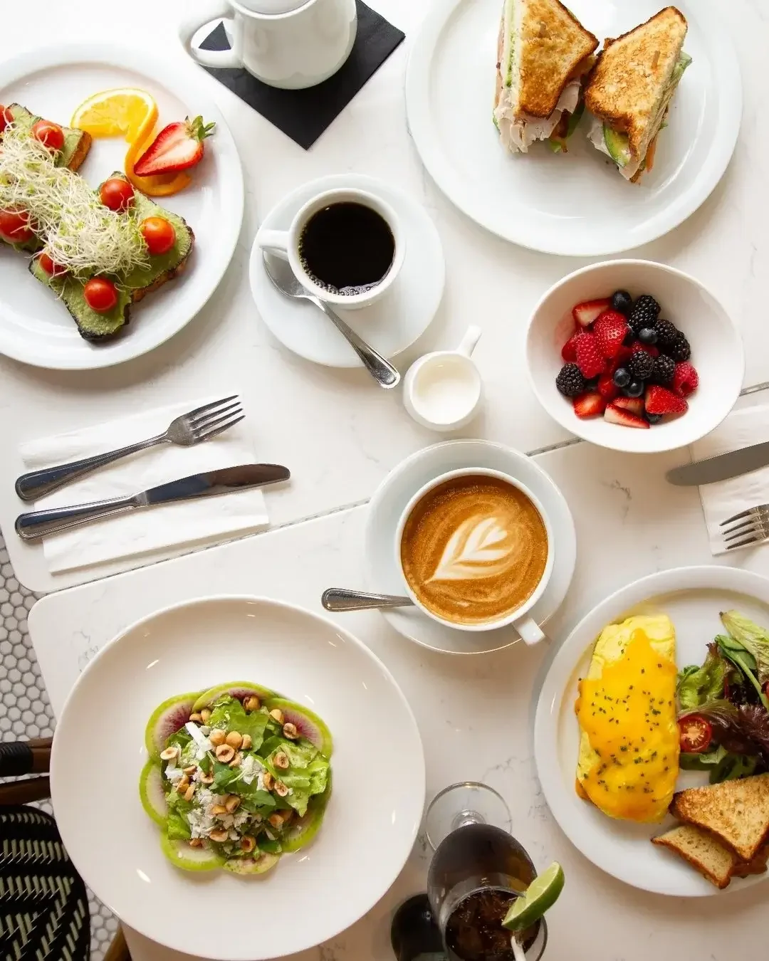 Coffee, avocado toast, and fresh fruit from the weekend brunch menu at Lilac Montecito restaurant in Montecito.