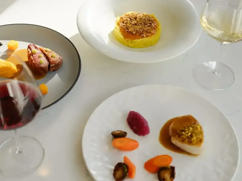 Plated dinner and wine at Lilac Montecito, perfect for private events at a local restaurant in Montecito