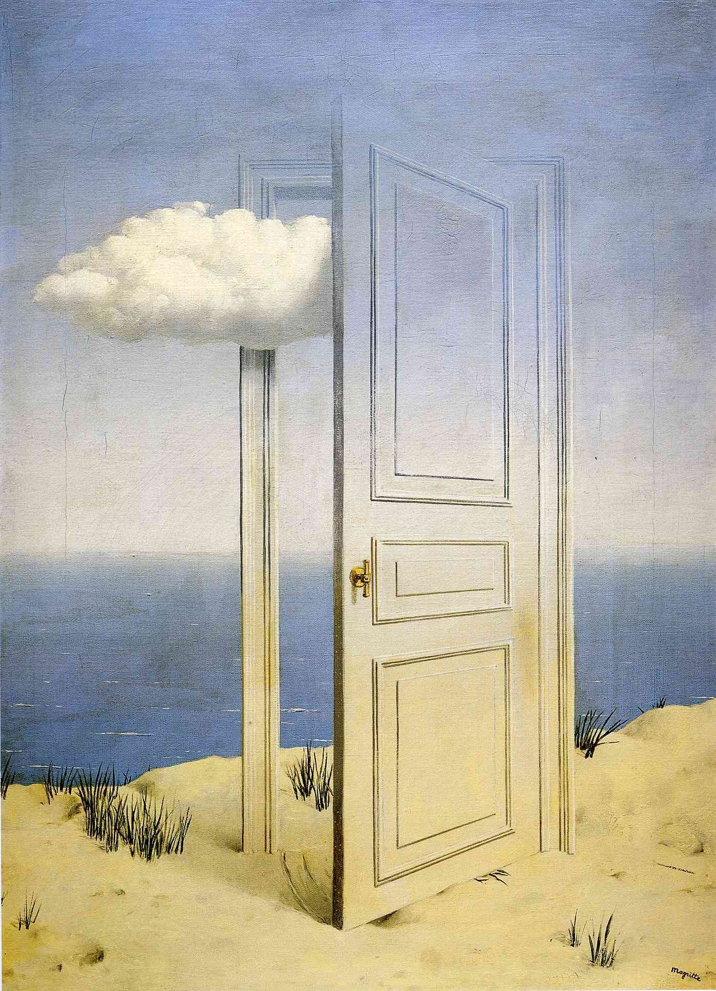 Un dipinto surrealista che mostra una porta in piedi su una spiaggia con il mare sullo sfondo, un nuvola che sembra uscire dalla porta e un cielo azzurro.