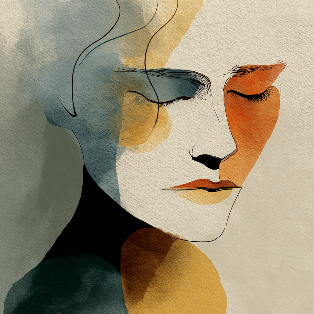 Ritratto stilizzato di una donna con occhi chiusi, linee sottili e sfumature di colori caldi e freddi, rappresentativo dei pazienti adulti, di cui il Dott. Francesco Turco si occupa nel suo studio a Roma in zona Colli Albani.
