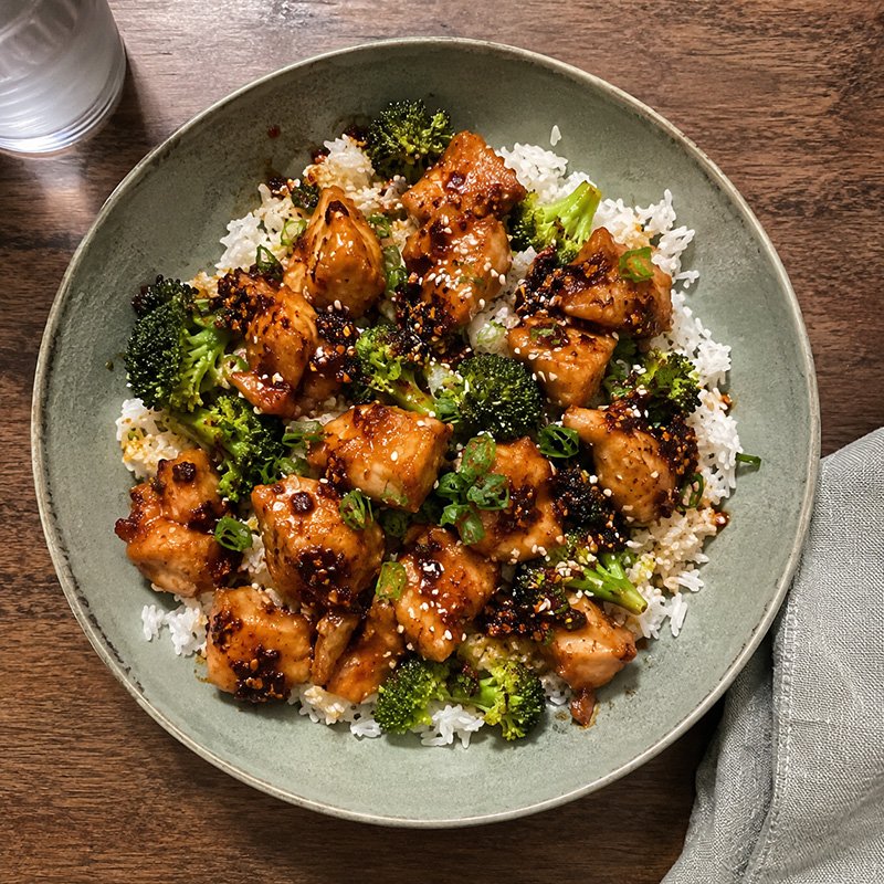 Healthy Orange Chicken over Rice with Chili Crisp