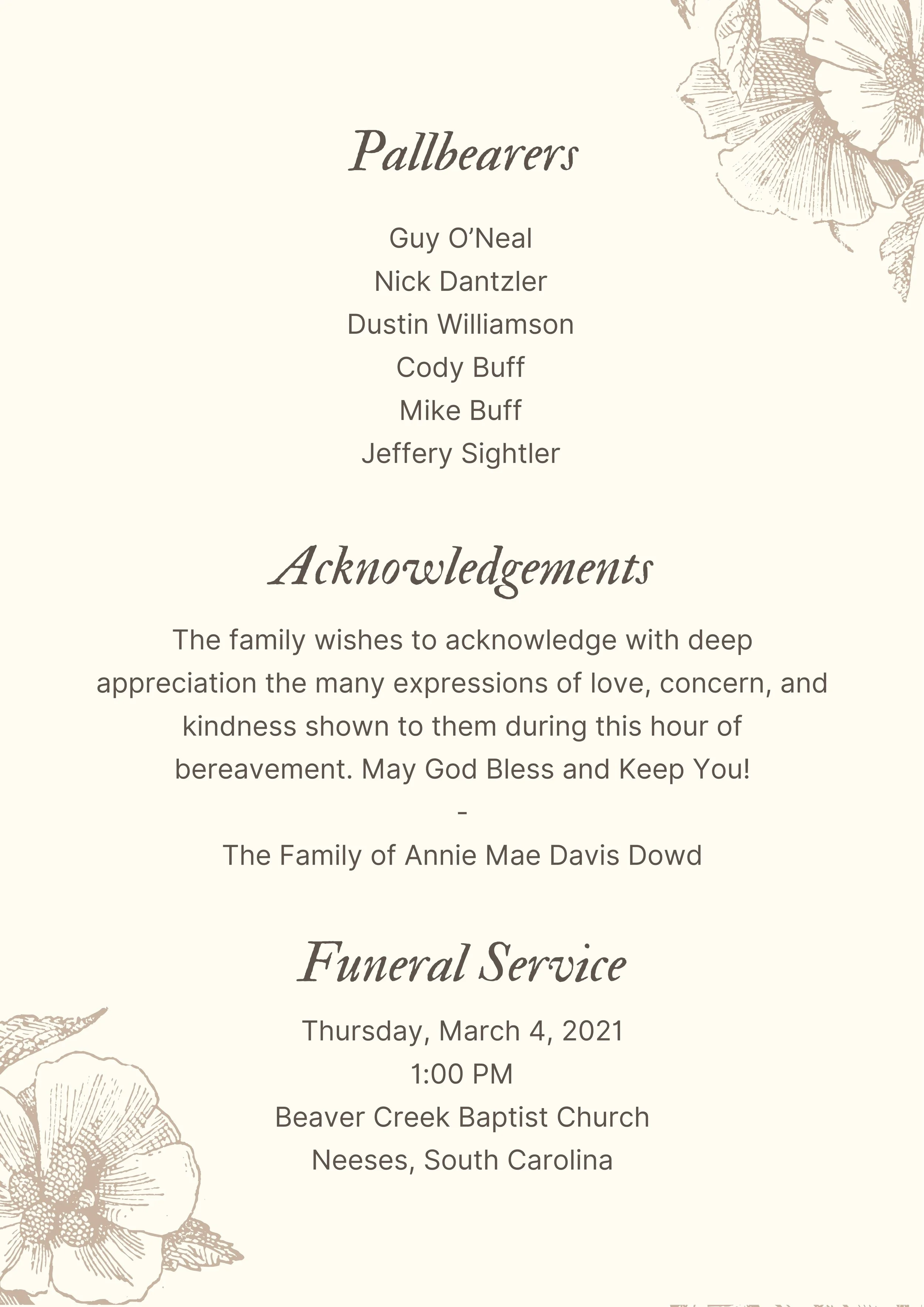 Annie Mae Funeral Program | March 2021
