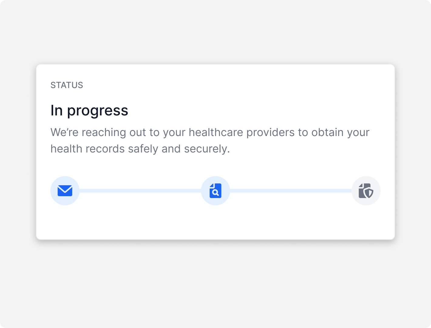Status message indicating 'In progress' with icons for email, search, and protection, and a message about reaching out to healthcare providers for health records.