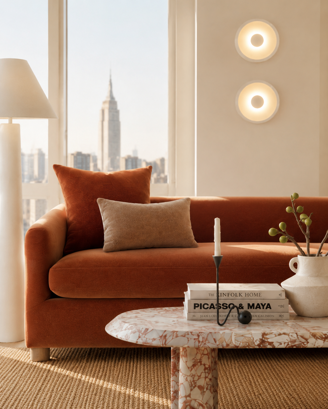 Living room with an orange sofa, beige and rust pillows, a marble coffee table, a stack of art books, a white candle, a potted plant, and city skyline view through large windows.