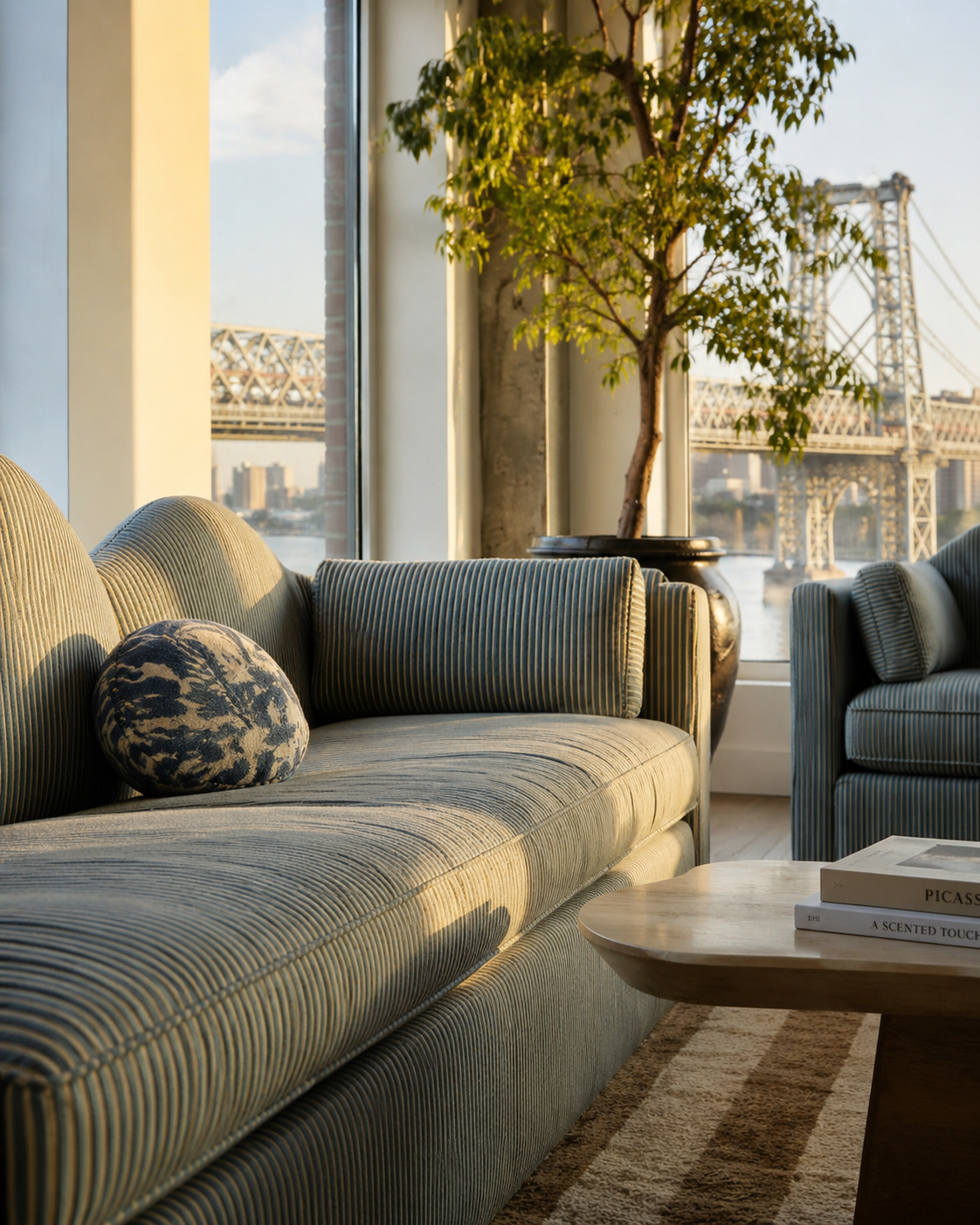A cozy living room with striped sofas, a printed pillow, a wooden coffee table with books, large windows with a view of a bridge and water, a potted tree, and warm sunlight.