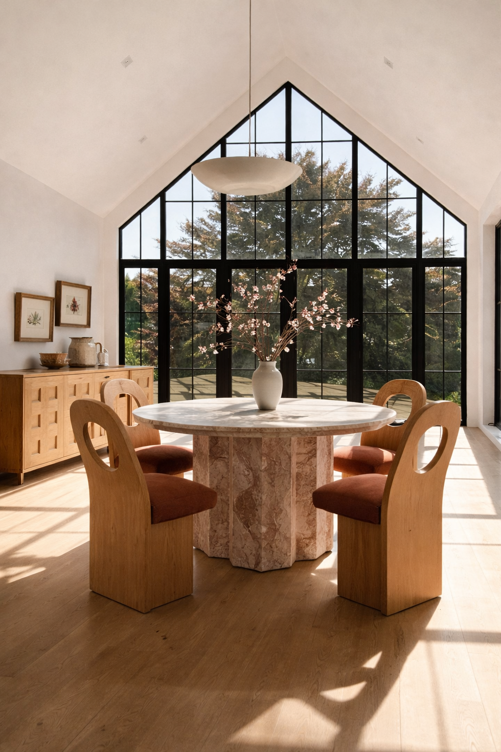 A bright dining room with a round marble table, surrounded by four wooden chairs with red cushions, a large window with black framing, a wooden sideboard, and a white vase with pink blossoms. Sunlight illuminates the room.
