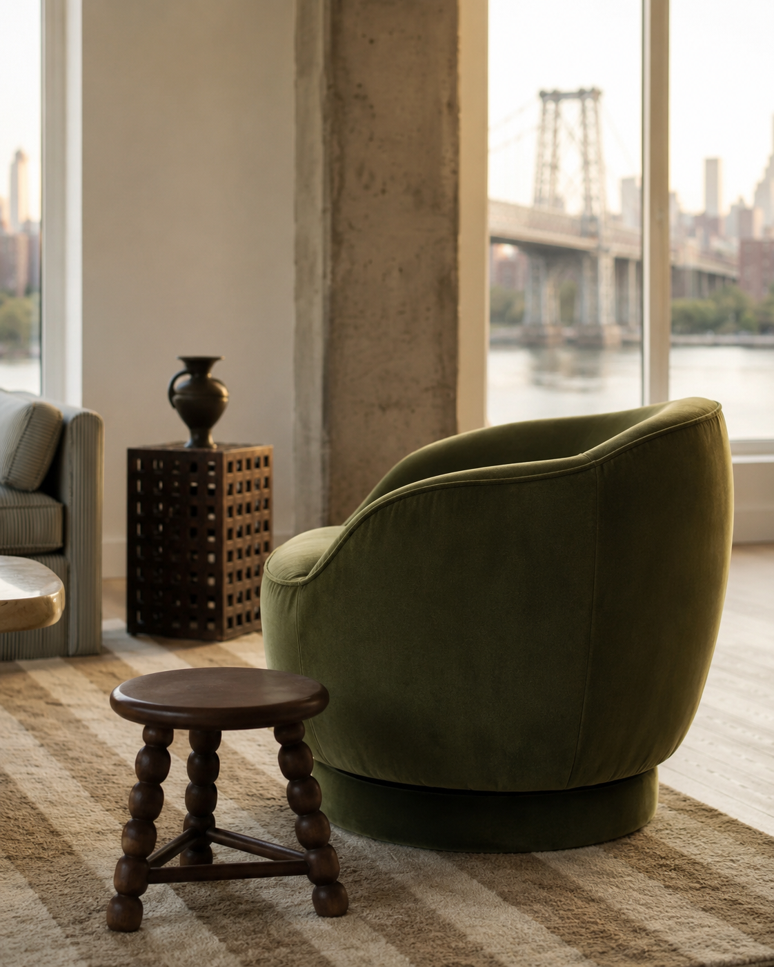 Living room with green upholstered chair, wooden side table, vase, and large windows overlooking a bridge and river.