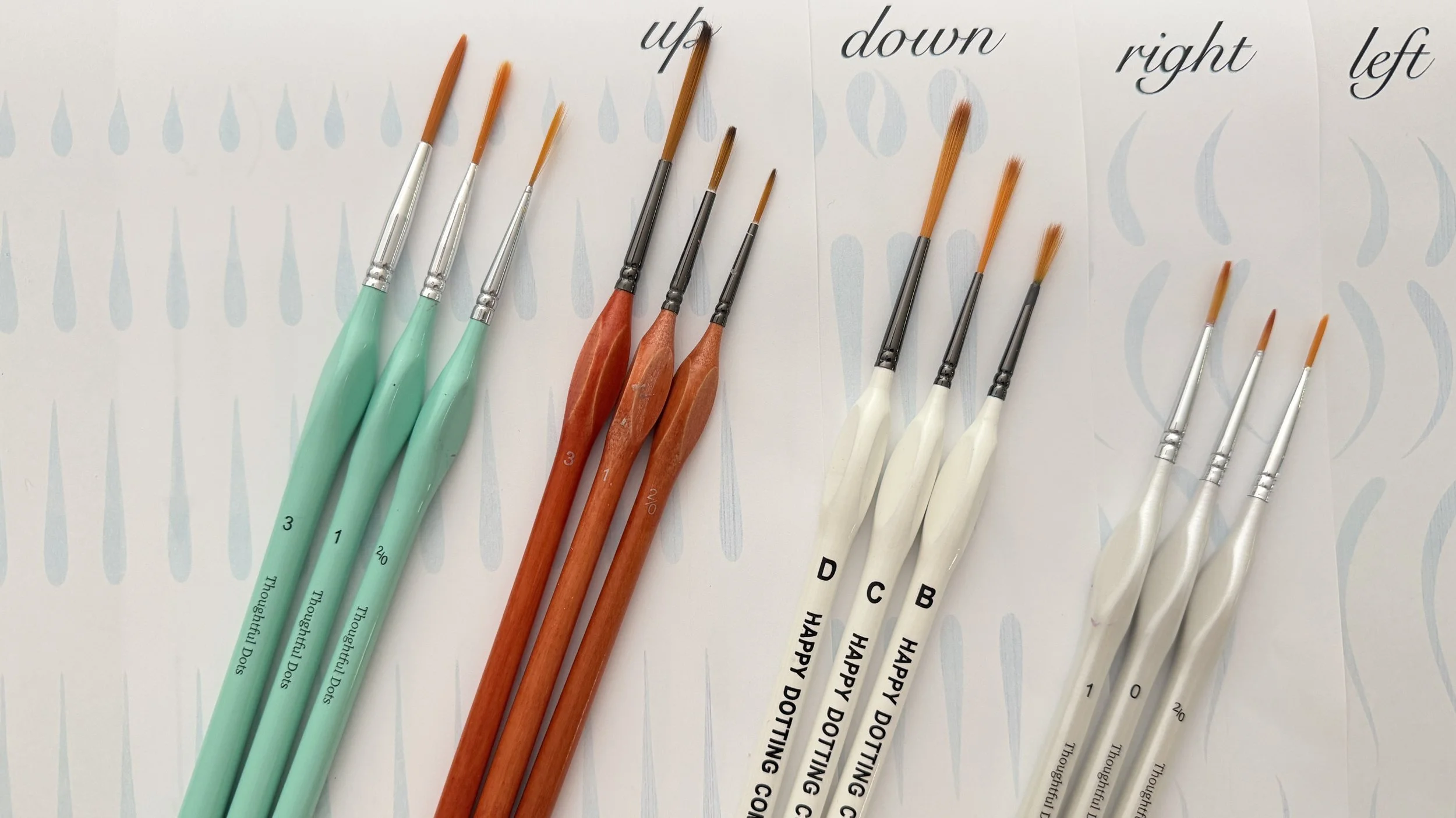 Paintbrushes arranged on a sheet with directional words and labeled with different colors.
