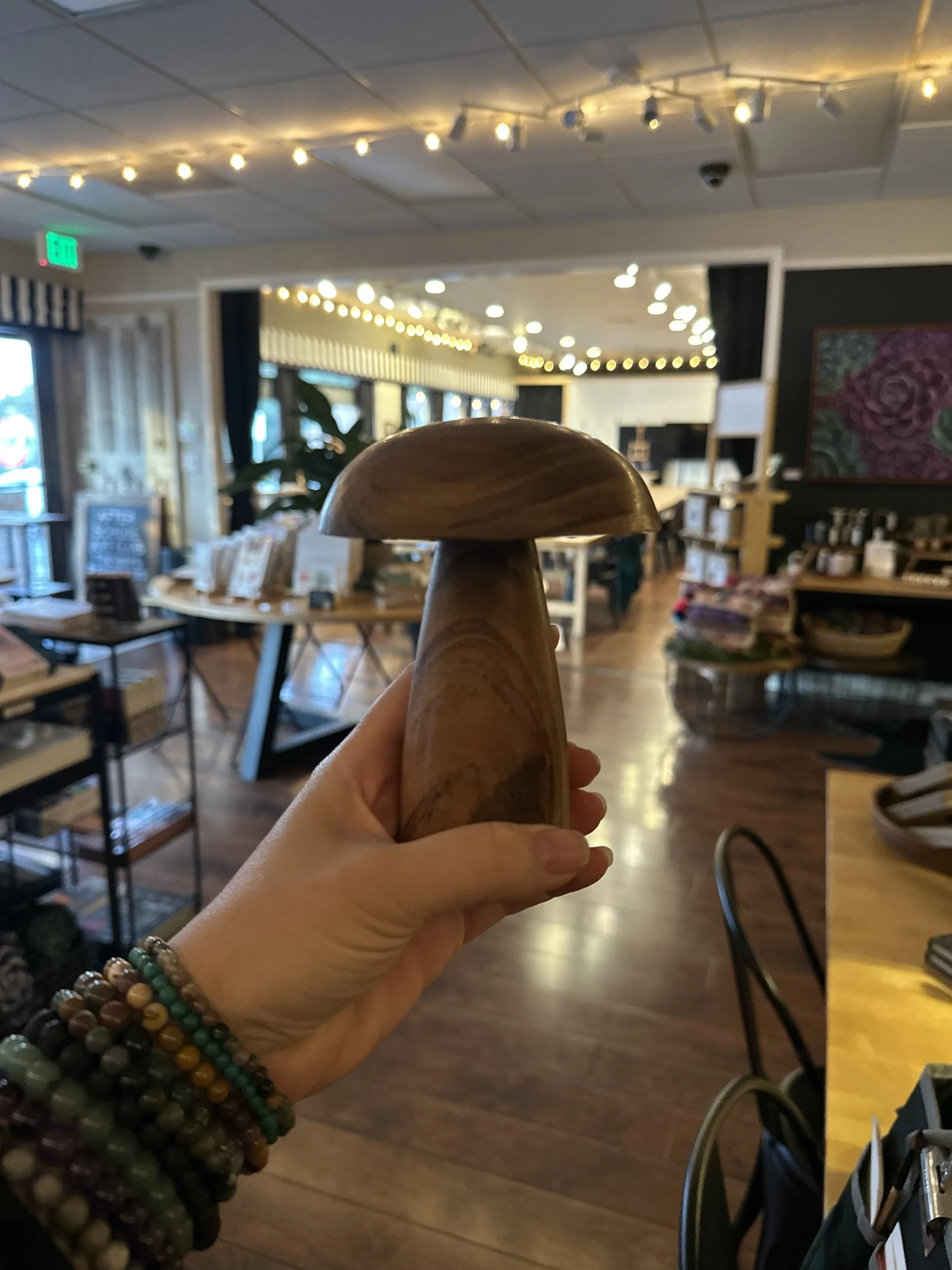Hand holding a wooden mushroom-shaped object inside a store with warm lighting, books, and artwork visible in the background.