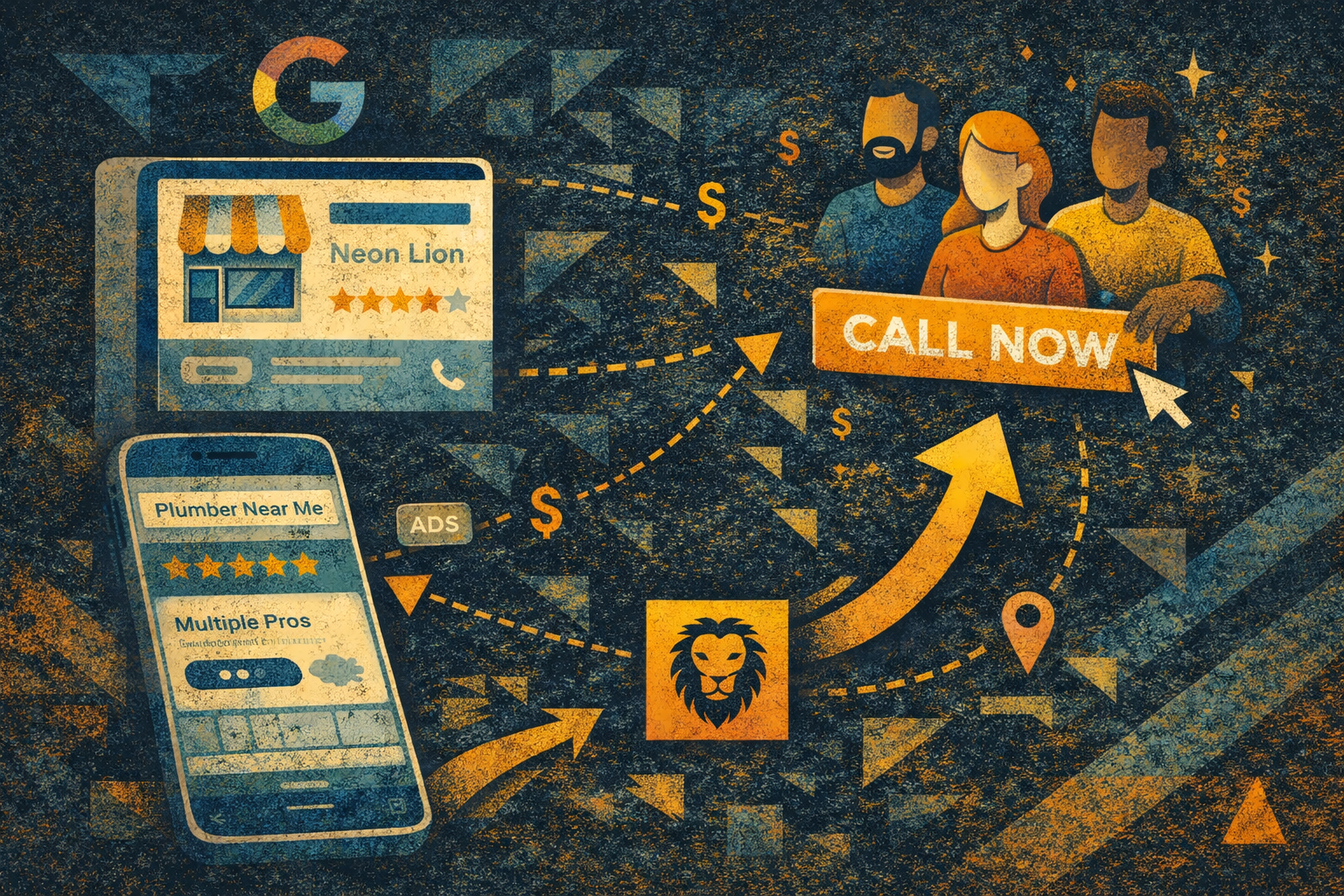 a graphic that shows people with a sign that says call now and a local service ad on a phone and neon lions google business profile on a phone