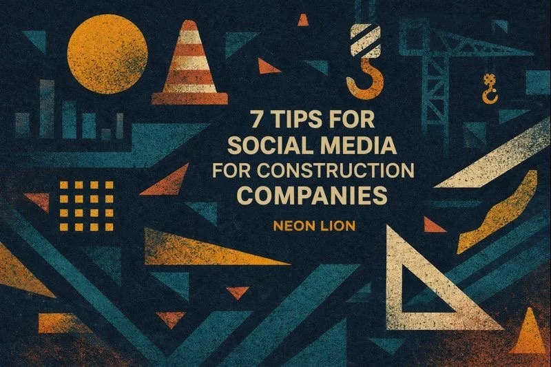 a graphic that reads 7 tips for social media for construction companies and then Neon Lion below that