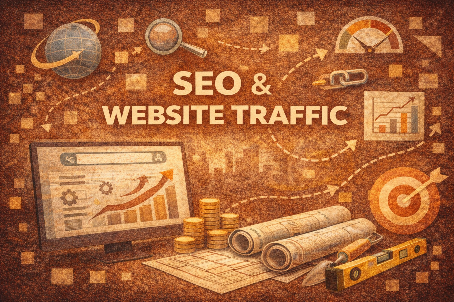 A graphic that reads SEO and Website Traffic and has a bunch of images that represent neon lion getting results through SEO that generate website traffic for your construction company