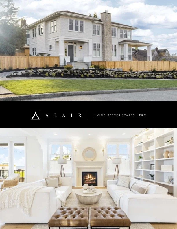a page from Alair Homes Kirkland handbook with two custom homes that our client built