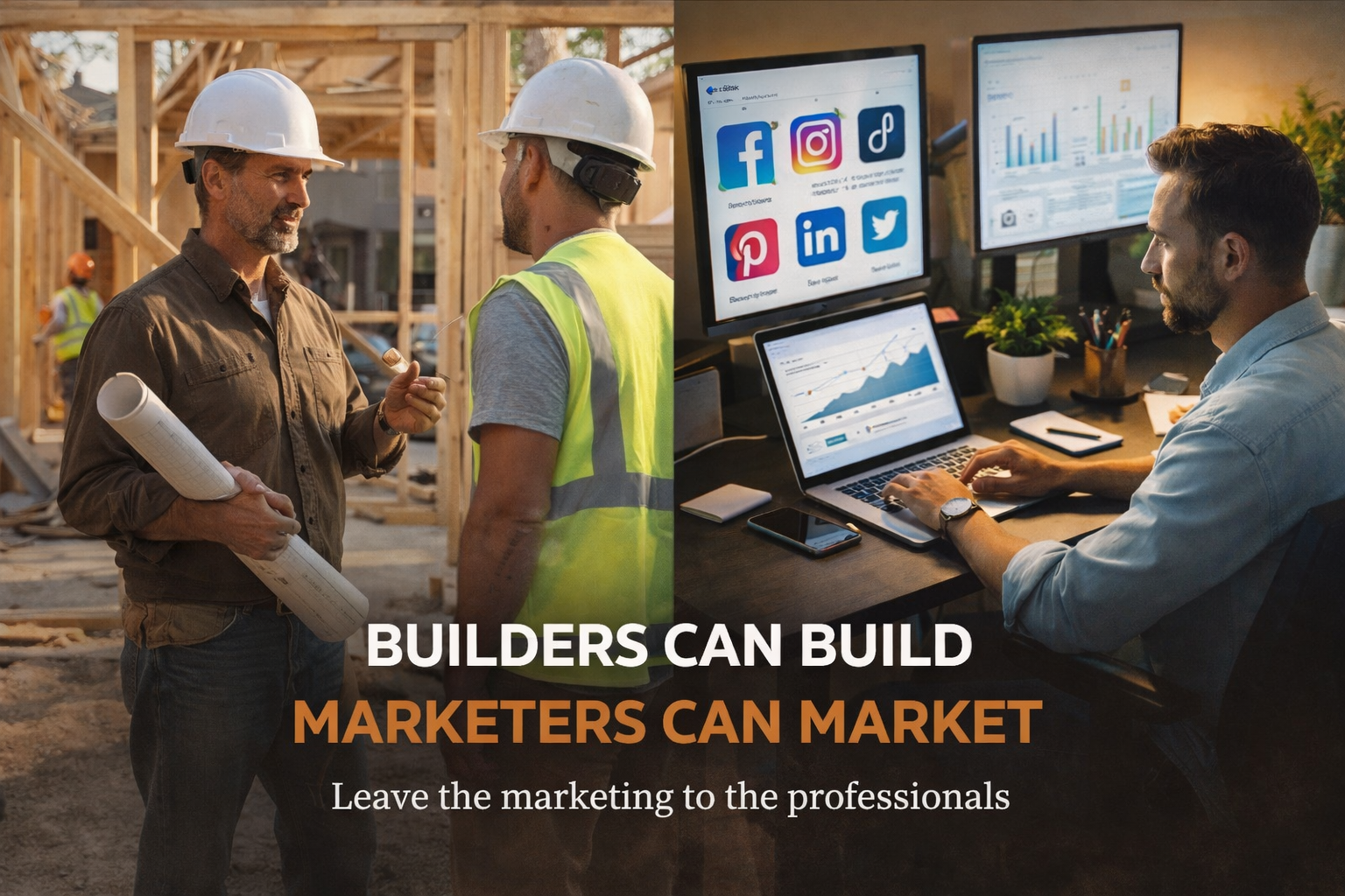 on the left it shows a couple of construction project managers talking on a job site and on the right a marketer working on several computer monitors and text overlay that says, builders can build, marketers can market