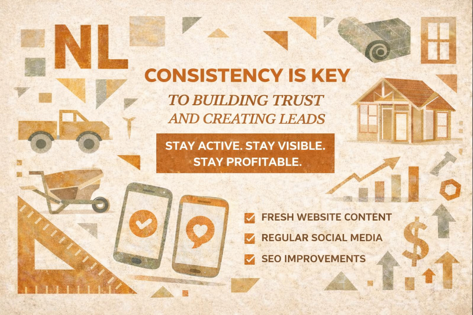graphic that has neon lion's color vibe, and text that says consistency is key, to build trust and creating leads, stay active. stay visible. stay profitable