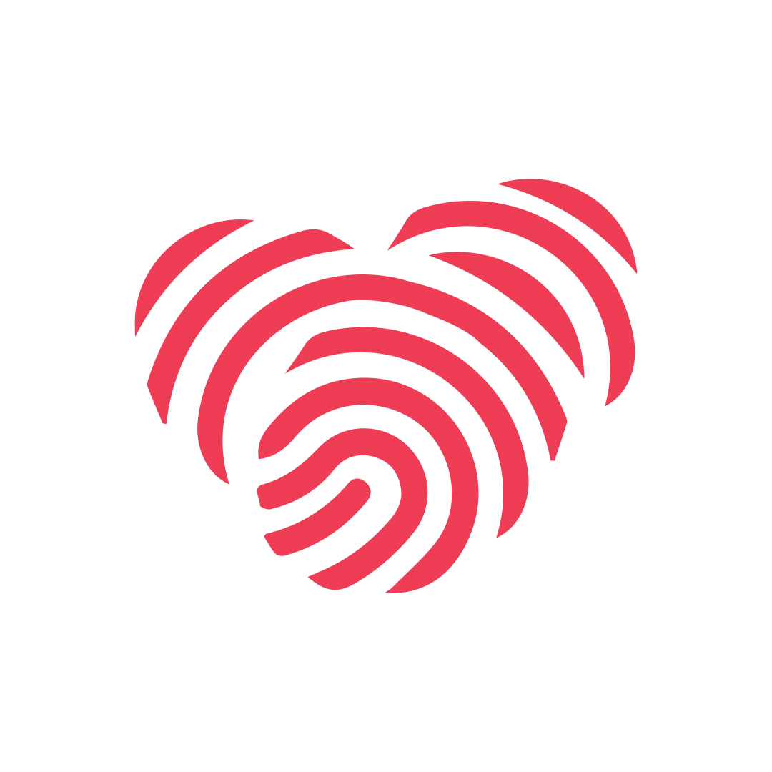 Red fingerprint arranged in the shape of a heart on a white background.
