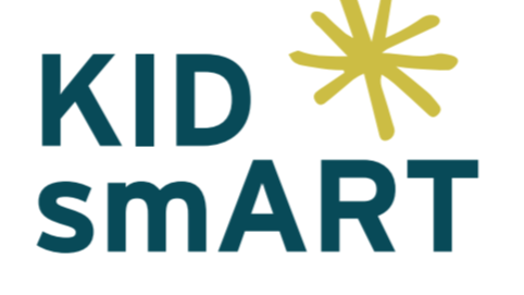 Logo of KID smART with "KID" in uppercase letters, with "smart" in lowercase letters below, and a yellow abstract star or burst shape above the "A" in "smart."