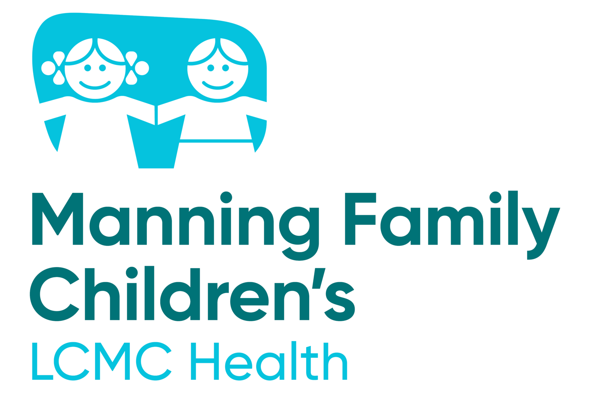 Logo for Manning Family Children's LCMC Health featuring two smiling children with pigtails and a blue smiley face with a white background.