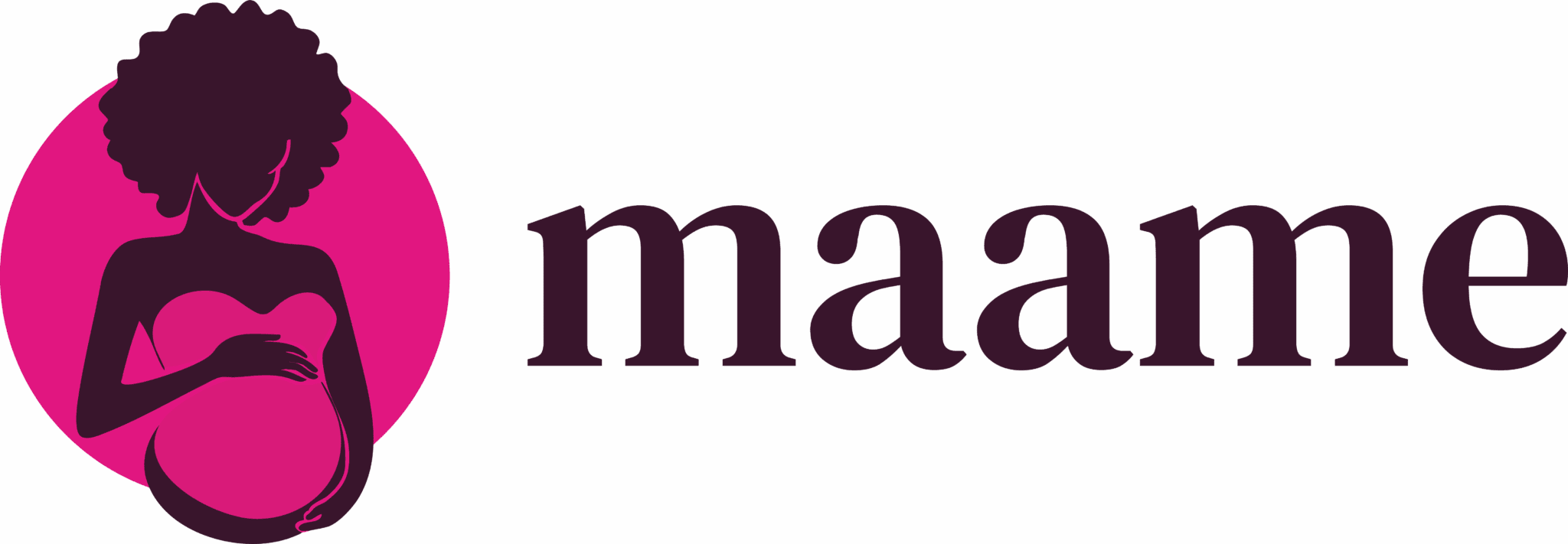 A graphic logo featuring a silhouette of a pregnant woman with curly hair against a pink circle, with the word 'mama' in large black letters on a purple background.