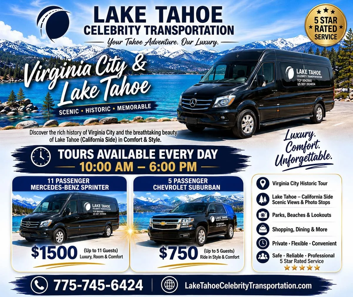 Discover the rich history of Virginia City and the breathtaking beauty of Lake Tahoe in comfort &amp; style.
