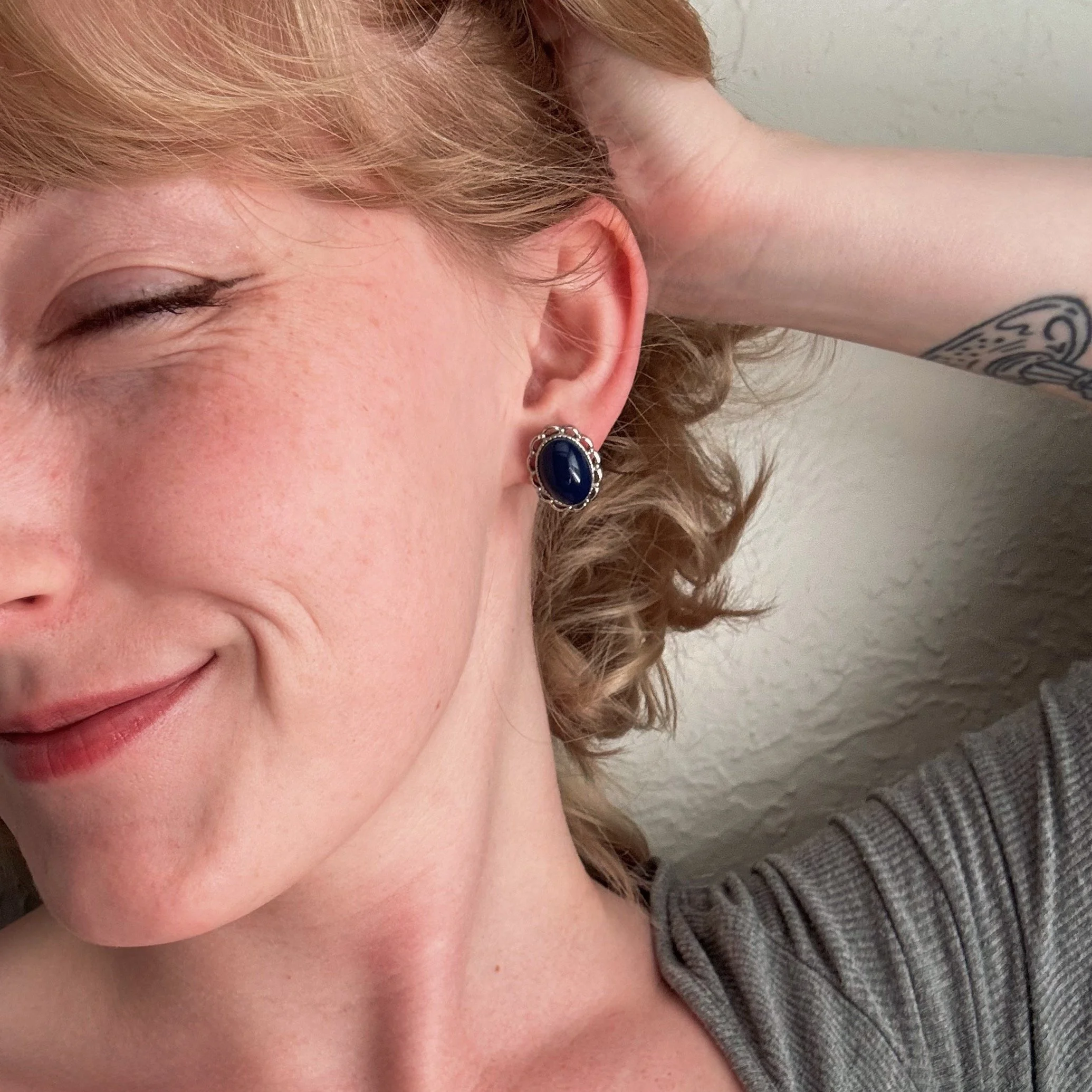 Vintage Navy Blue Scalloped Stud Earring