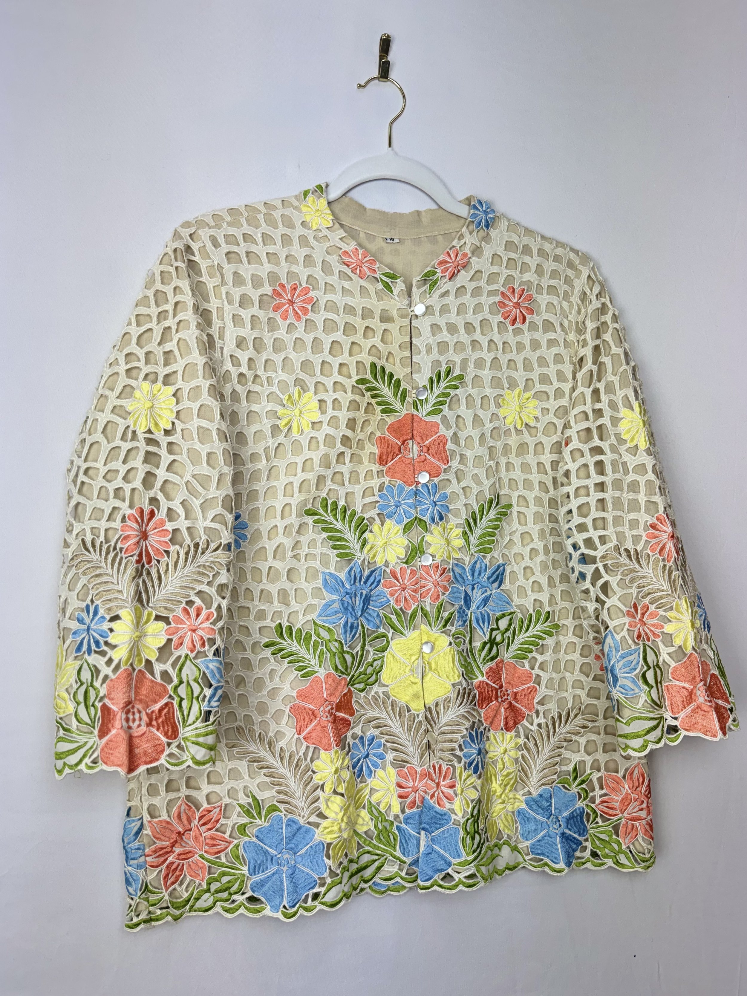 Pastel Floral Embroidered Eyelet Jacket (XL)