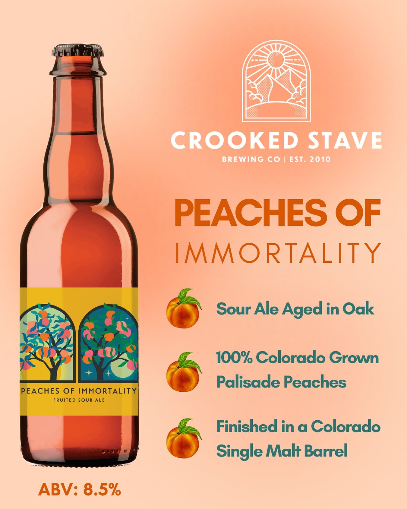 Peaches of Immortality 🍑 @crookedstave dude what they do best and bottled this liquid perfection. 🤤 brewed with 100% Palisade Peaches, this sour ale delivers a tart, juicy punch 🤜🤛 

#crookedstave #peachbeer #sourale #palisadepeaches #csadistribu