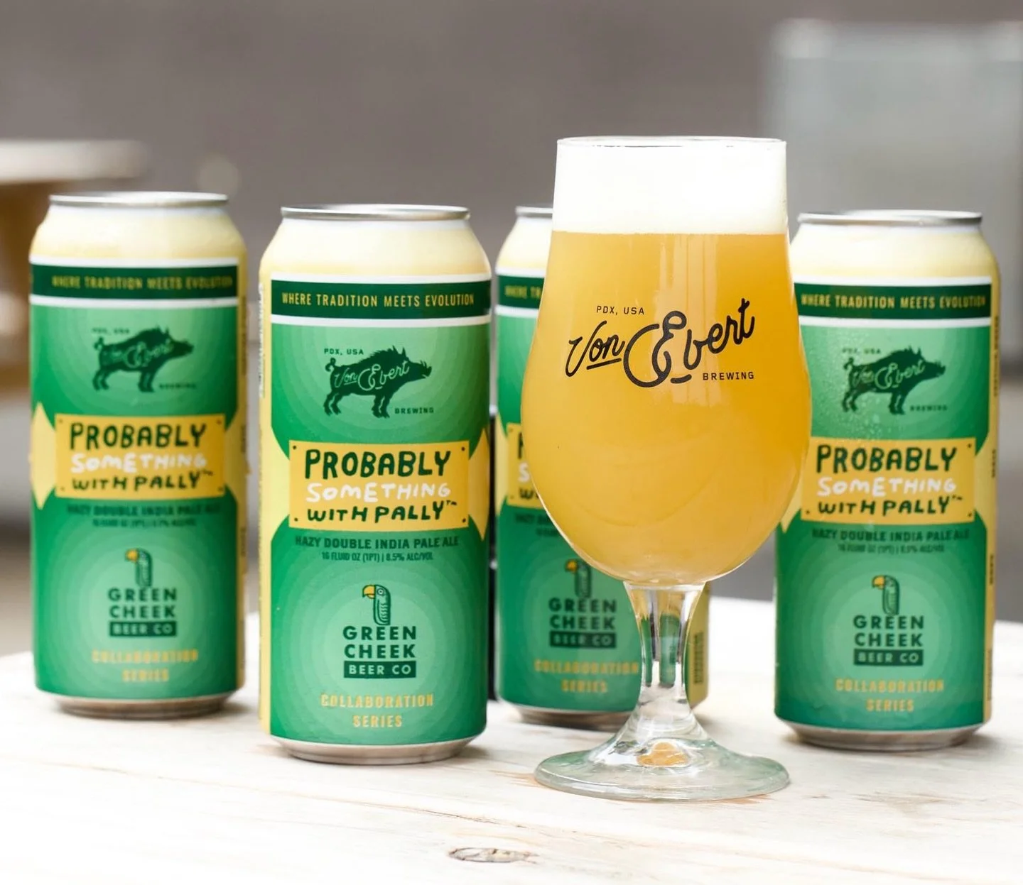 Probably Something With Pally 🦜💚
@vebrewing  X @greencheekbeer 
A hazy DIPA made for friends by friends! Brewed with huge additions of Krush, Krush Cryo, and Citra hops 🙌  This collab is out of this world! 

Pally has BIG tropical waves of guava, 
