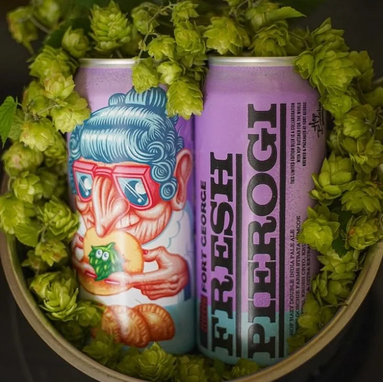 FRESH PIEROGI 🥟 @fortgeorgebeer 
600 lbs. of Fresh Hops! 😱 

This collab with @hopbutcher would make grandma proud 🥲 a FRESH HOP HAZY DOUBLE IPA that is brewed with Fresh Strata, Simcoe, Krush Cryo, Simcoe Cryo, Simcoe DynaBoost, Citra CO2 Extract