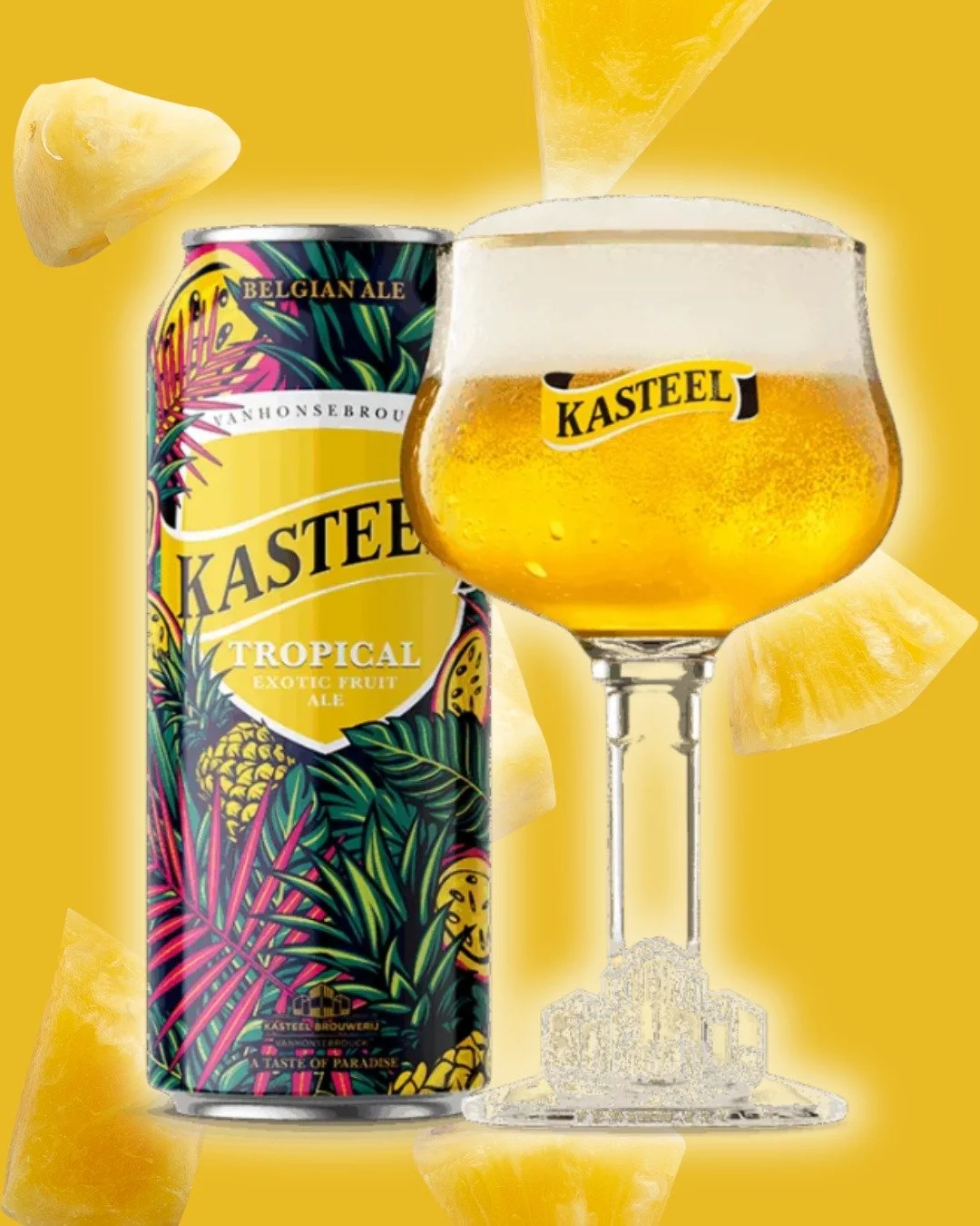 @kasteelusa is bringin us their Tropical Belgian Ale! This Exotic Fruit Ale is a specialty beer with vibrant flavors, aromas and color. 

This brew is slightly sweet with a pineapple note accompanied by fresh, full flavors of mango, peach and passion
