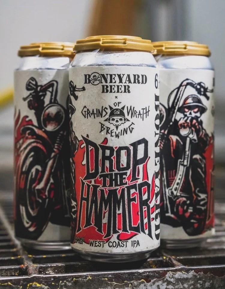 DROP THE HAMMER 🔨 WC IPA
@boneyardbeer X @grainsofwrath collab IPA is here! 💀✨🍻

The bright notes of citrus zest, peach and berry smash through balancing dank flavors. Crisp and unbelievably crushable, this brew showcases two killer breweries. 

#