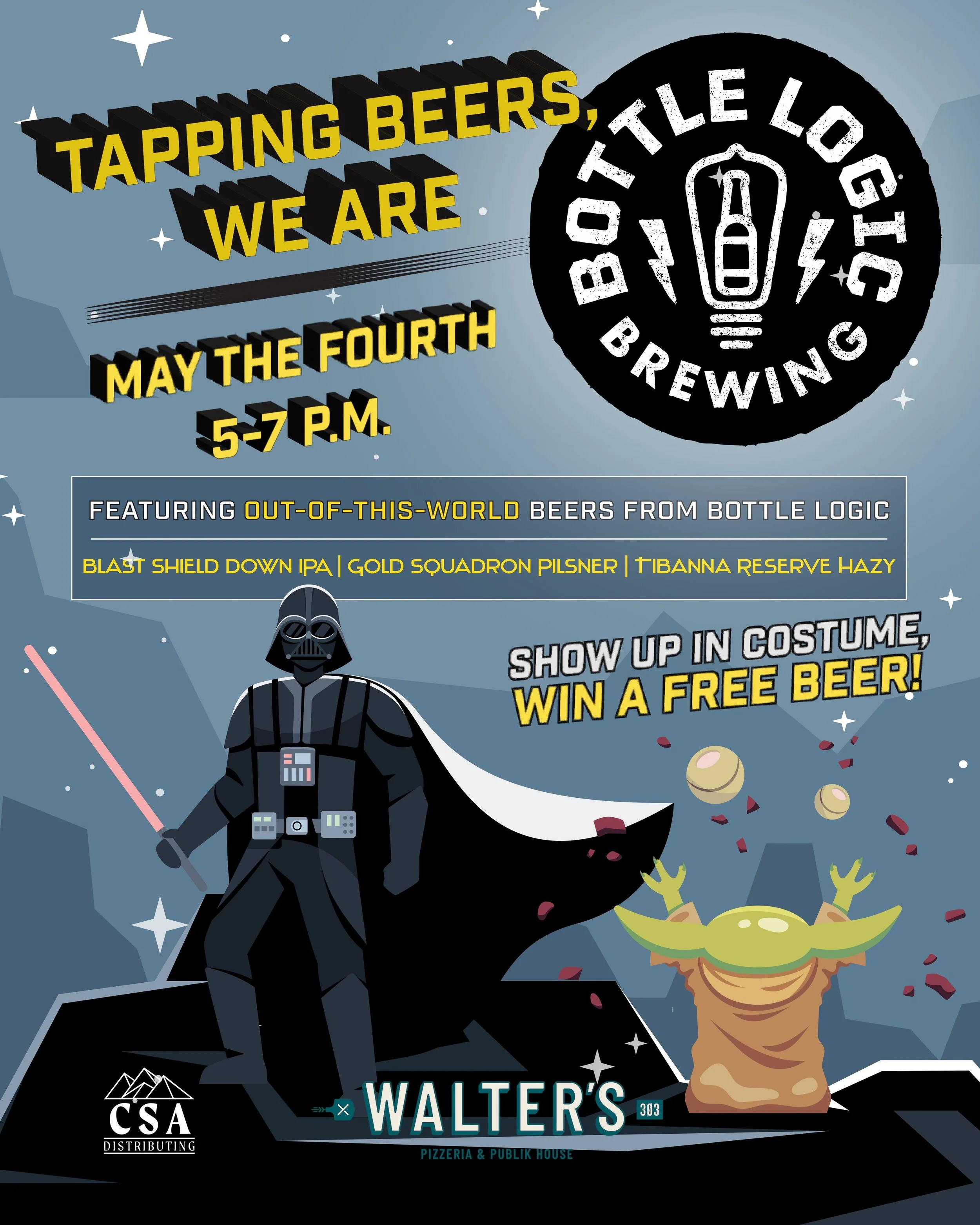 Tapping Beers We Are! 

May the Fourth Be With You! TONIGHT We are taking over @walters303lowry for a celebration of Star Wars Day, drinking Star Wars themed beers from our friends at @bottlelogicbrewing 

👾 Show up in costume between 5-7pm, receive