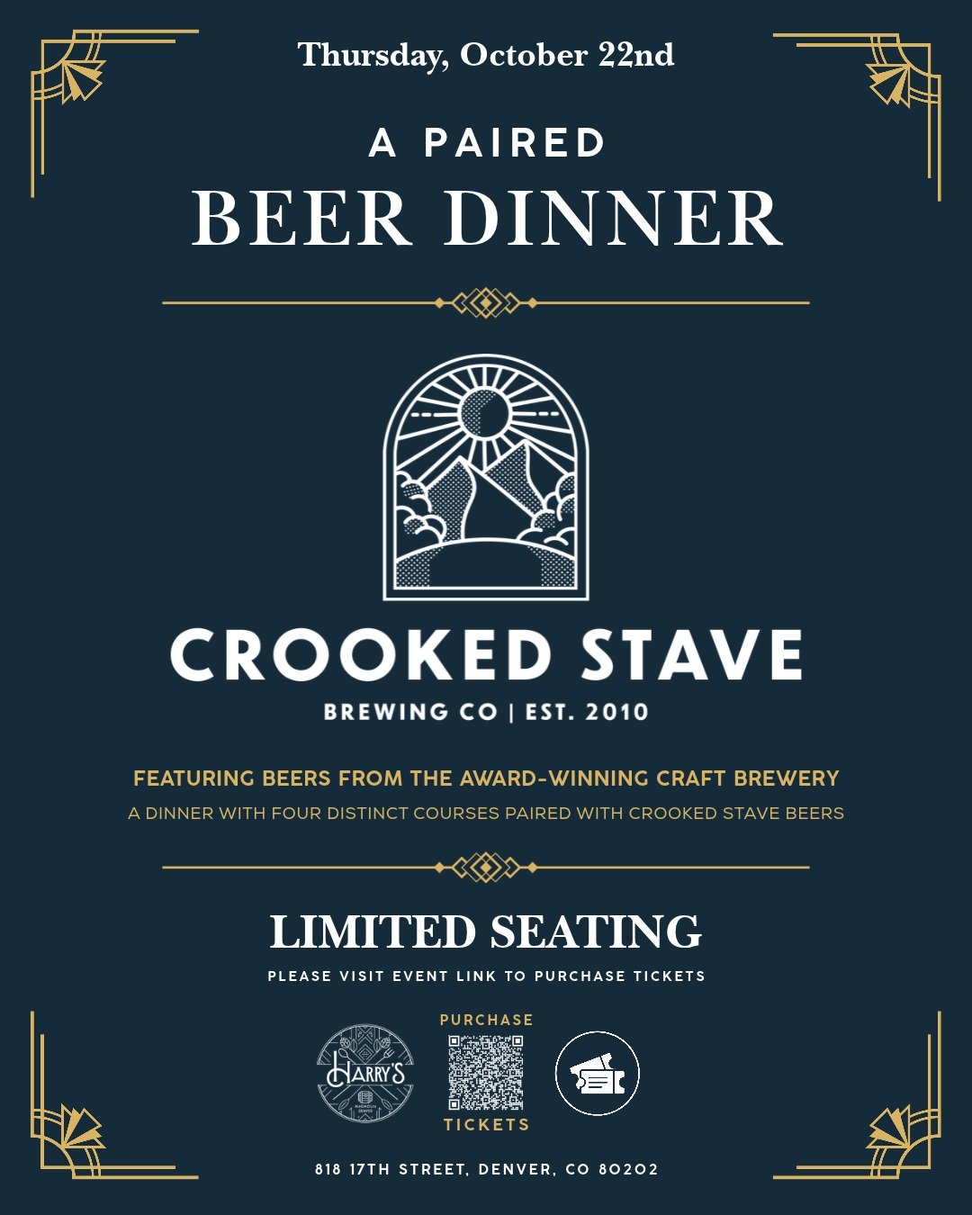 Join us at Harry's in the @magnoliahoteldenver for a specialty paired dinner with @crookedstavebrewing 🍻

Enjoy a curated menu from the chefs at Harry's including four distinct courses intentionally paired with Crooked Stave beers.

Purchase tickets