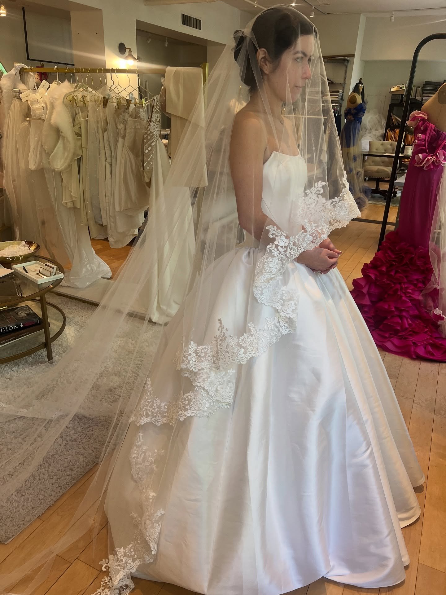 One of my favorite custom veils for this beautiful bride, Grace. 14ft in length and countless yards of trim for her cathedral wedding. Paired so beautifully with this @nicolefeliciacouture ballgown that we made strapless for her !
