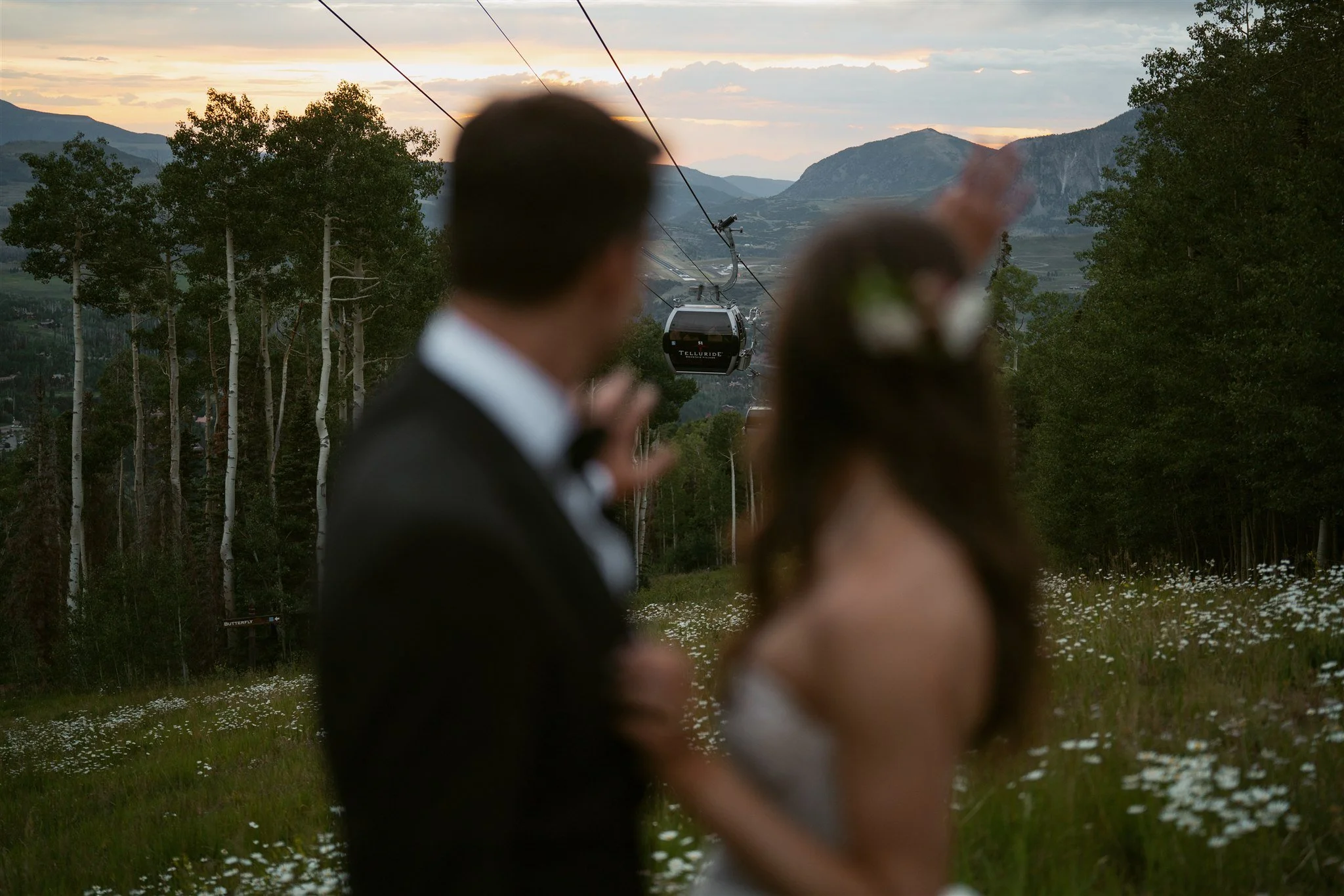 Telluride gondola behind the married couple