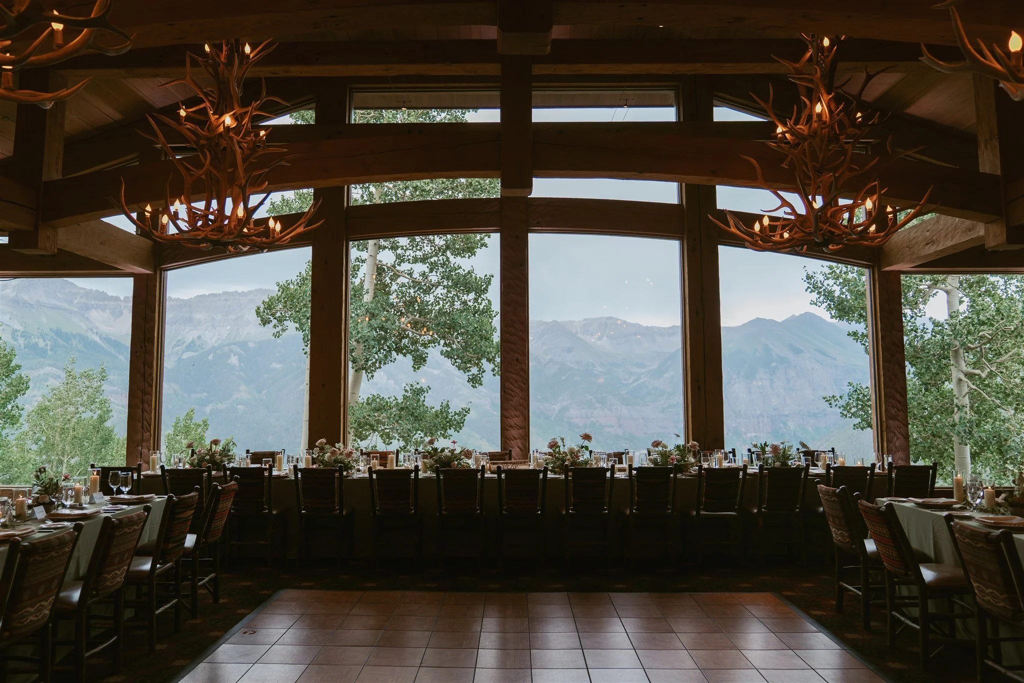 view of the mountains through the windows at Allred's restaurant