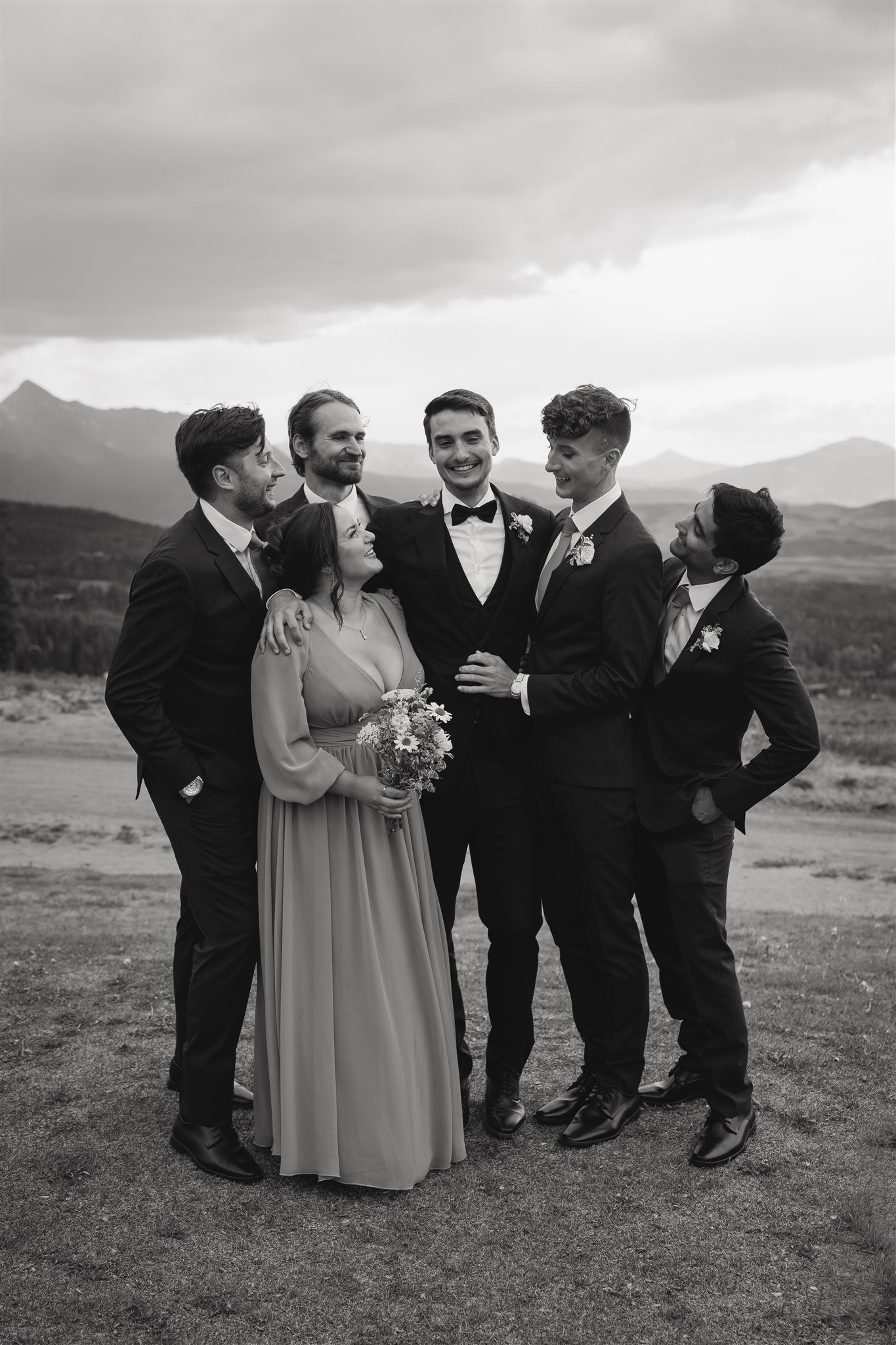 the groom, his sister and the groomsmen