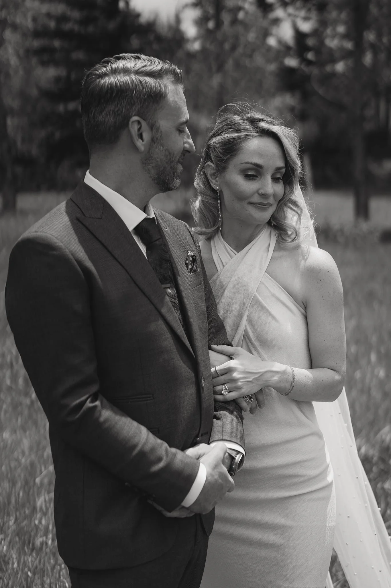 black and white photograph of bride and groom