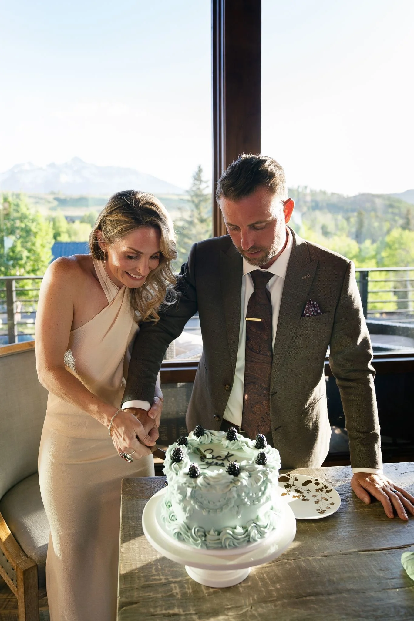 bride and groom cut the cake